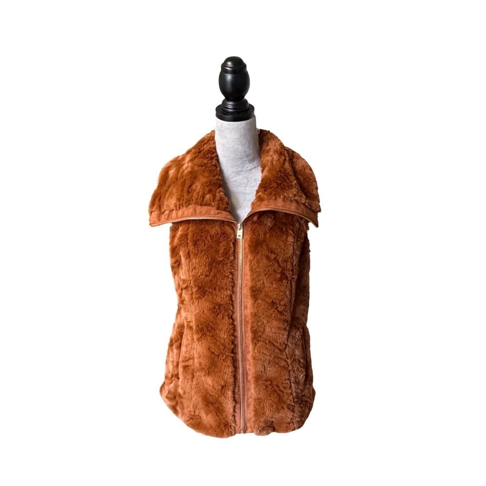 Marc New York Andrew Marc Rust Brown Faux Fur Zip Up Vest Small Funnel Neck